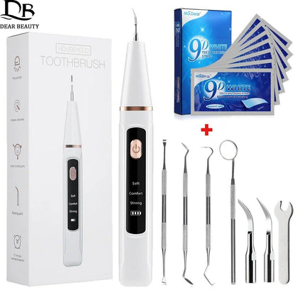 Ultrasonic Dental Calculus Remover with 9D Teeth Whitening Strips and Electric Tooth Cleaner Set for Plaque and Tartar Removal - Velora