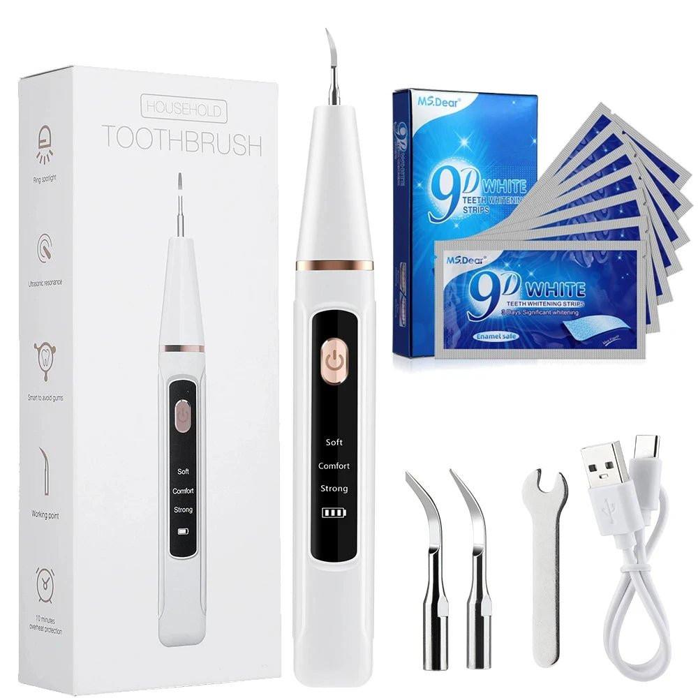 Ultrasonic Dental Calculus Remover with 9D Teeth Whitening Strips and Electric Tooth Cleaner Set for Plaque and Tartar Removal - Velora